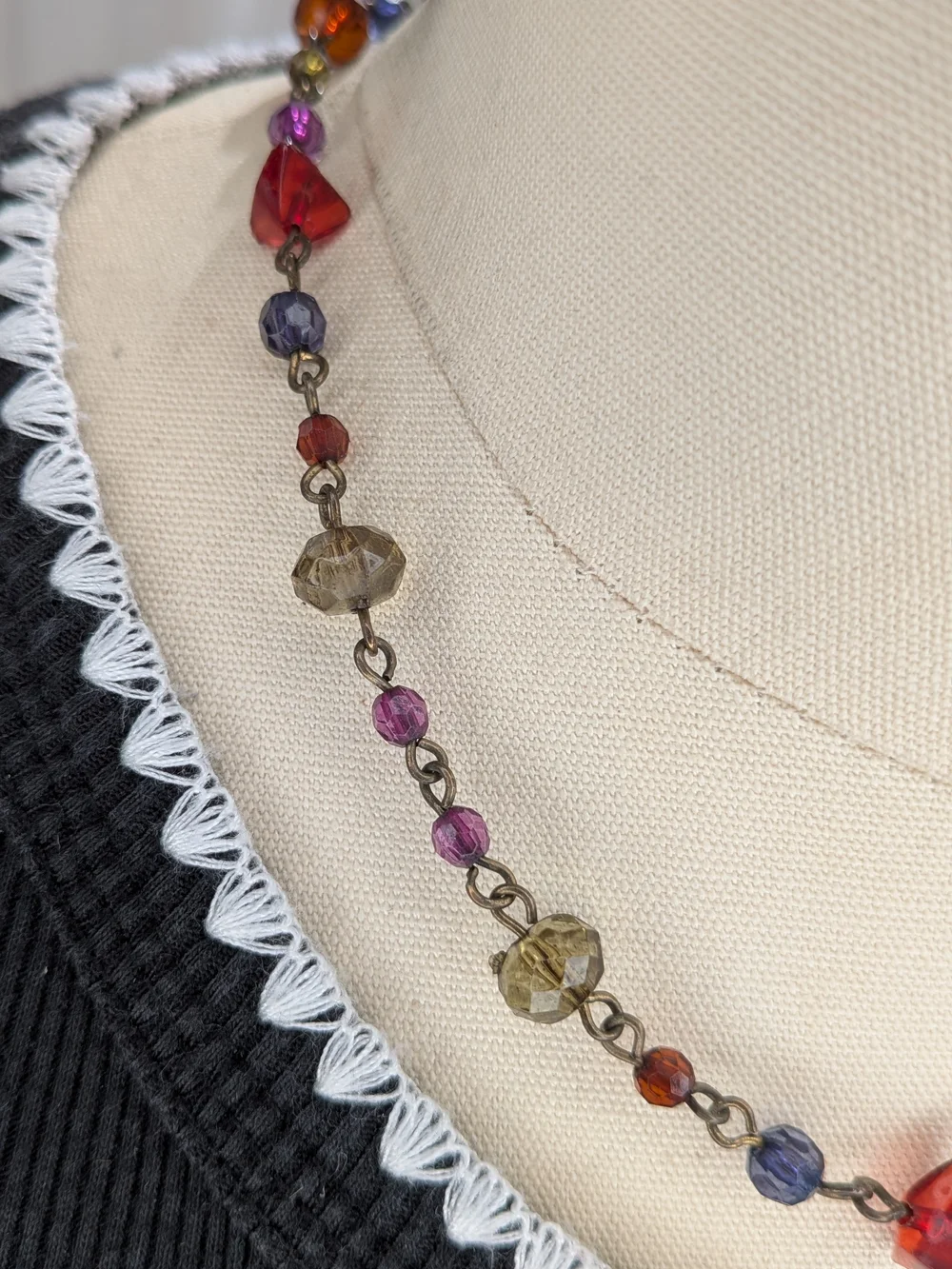 Vintage Antique Brass Multicolor Jewel Tone Glass Bead Wire Link Choker 16